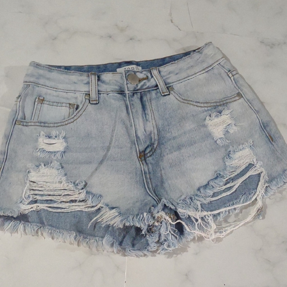 Distressed Light Blue Denim Shorts